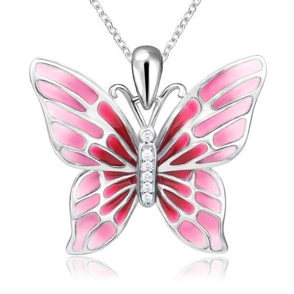 Collier papillon en argent ailes émaillées de rose
