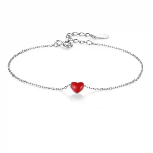Bracelet chaîne en argent et son coeur émaillé rouge