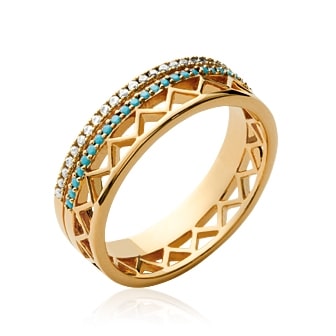 bague plaqué or ethnique turquoise et zircon
