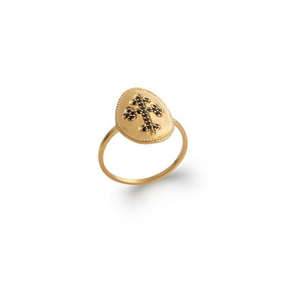 bague pastille croix zircons noirs plaqué or femme