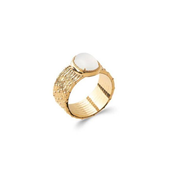bague striée perlée pierre de lune plaqué or femme