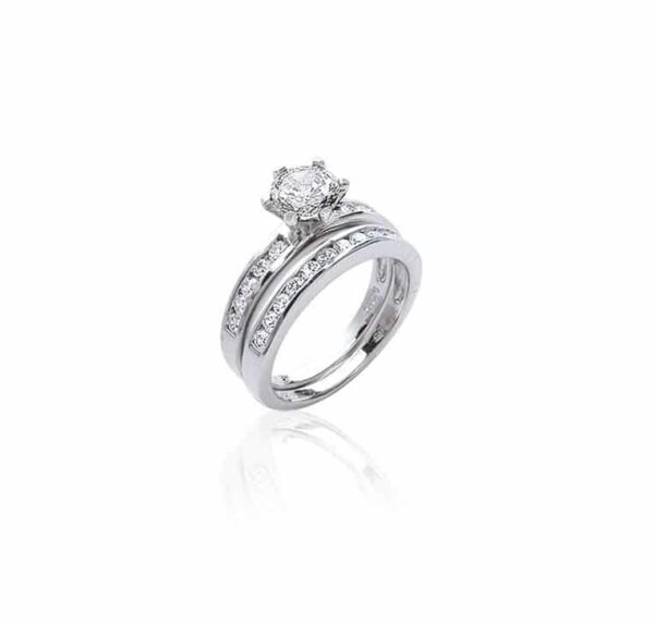 Bague solitaire 2 anneaux zircons argent rhodié