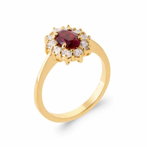 bague plaqué or halo rubis imitation