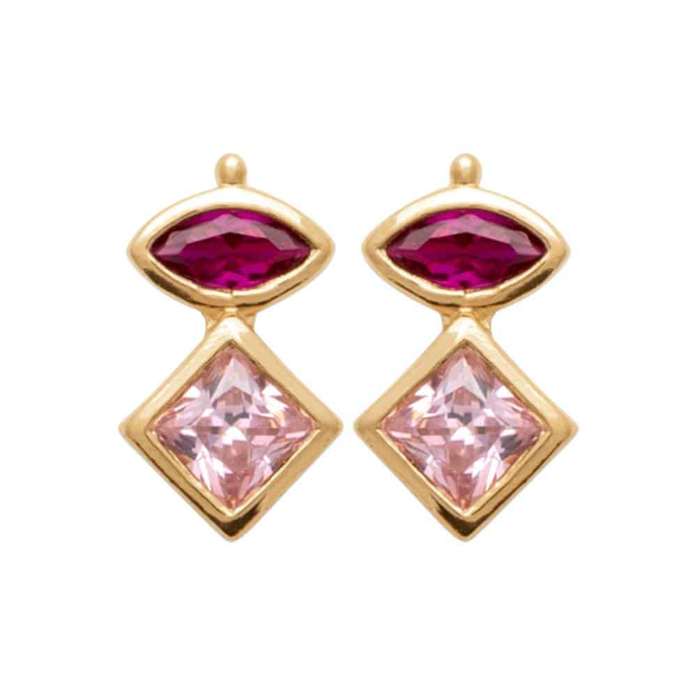 boucles d'oreilles quartz rose et topaze flamat rose synthétiques plaqué or