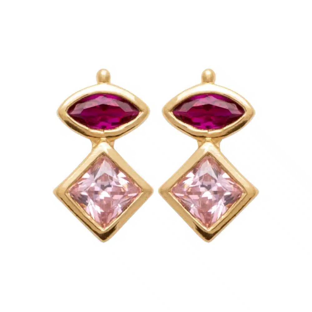 boucles d'oreilles quartz rose et topaze flamat rose synthétiques plaqué or