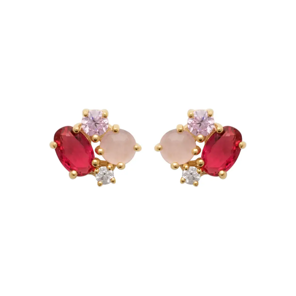 Boucles d'oreilles puces plaqué or rubis quartz rose et diamant synthétiques