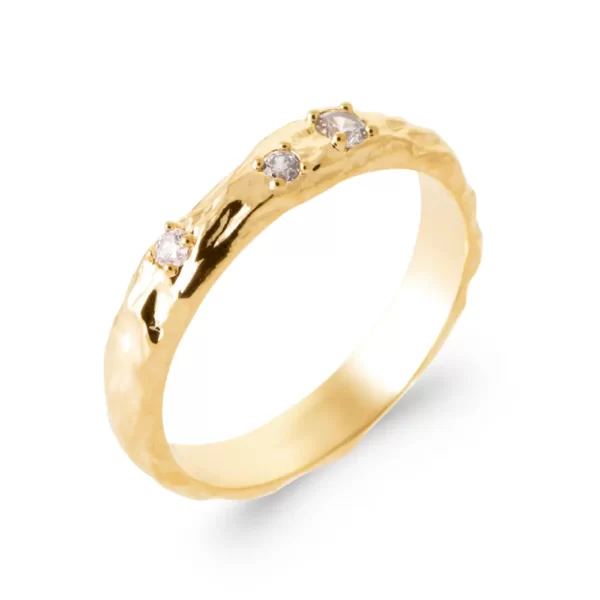bague anneau martelé plaqué or diamants synthétiques