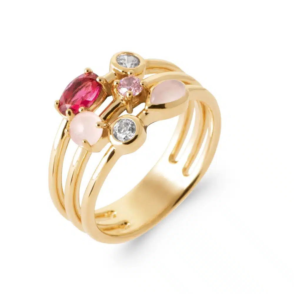 bague trio d'anneaux plaqué or rubis quartz rose et diamants synthétiques