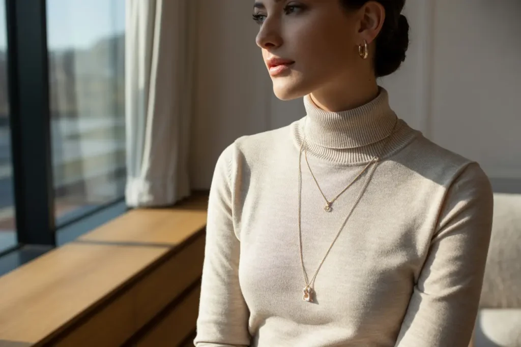 femme qui porte un pull ras du cou avec des créoles et un collier double rang
