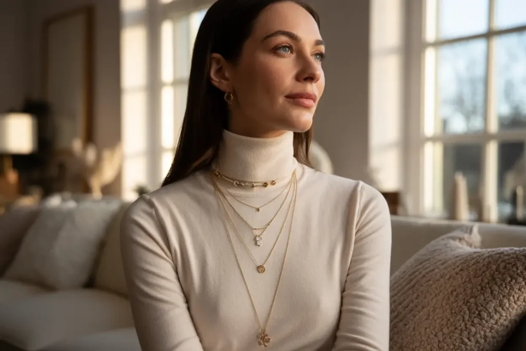 femme qui porte un pull ras du cou avec des petites créoles et diverses chaînes fines avec pendentif