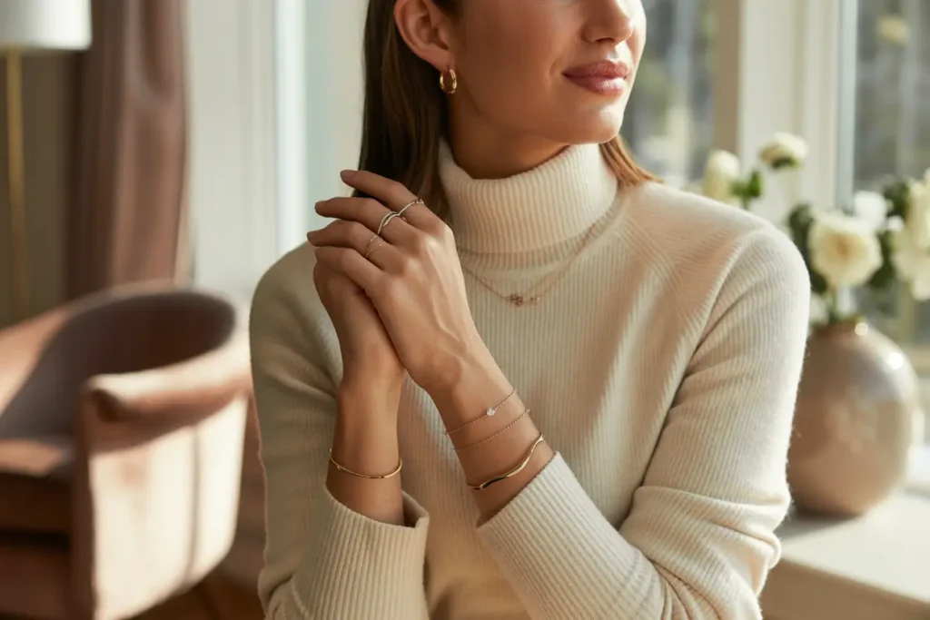 femme qui porte un pull ras du cou avec des bracelets chaînes et un jonc