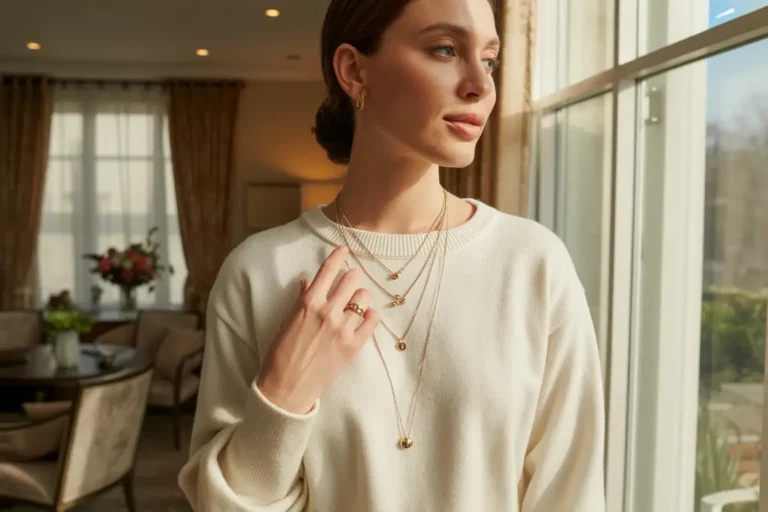 femme qui porte un pull ras du cou avec un collier multirang