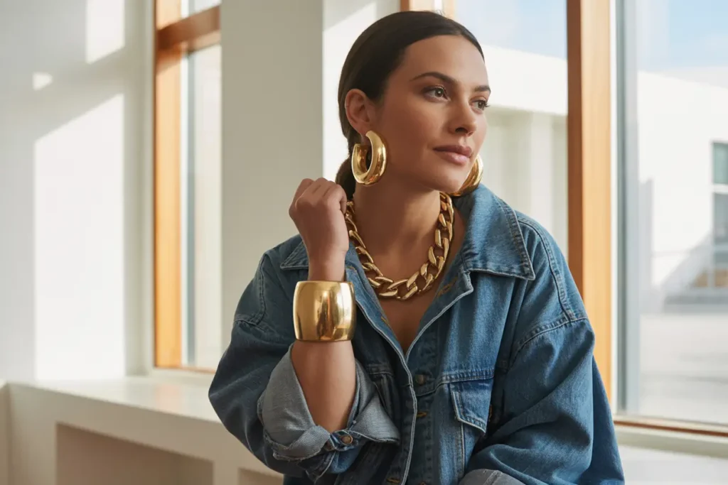 femme qui porte une veste en jean avec de gros bijoux dores