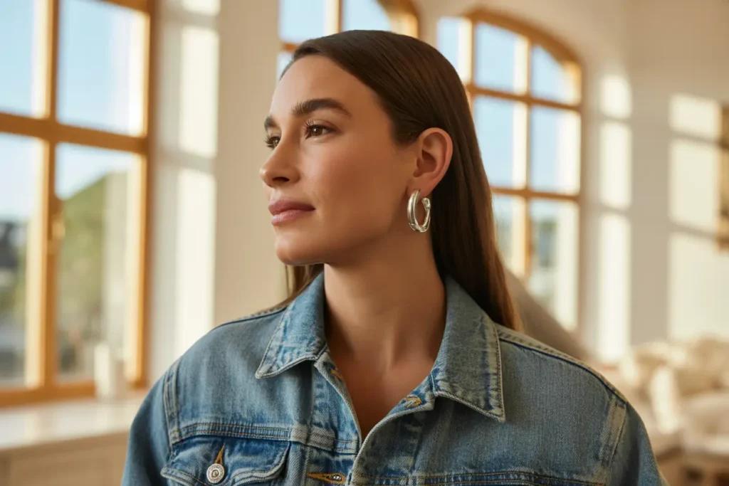 femme qui porte une veste en jean avec de grosses créoles