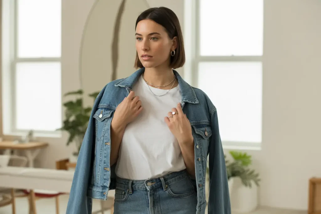 femme qui porte une veste en jean avec des bijoux fins