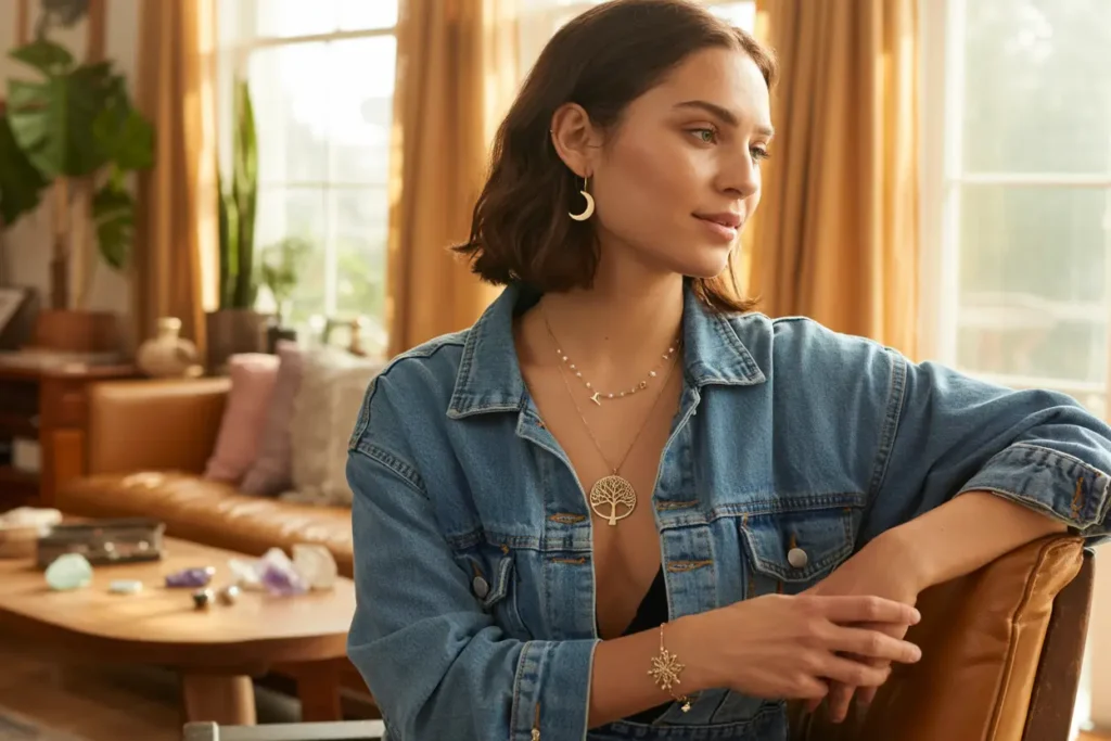 femme qui porte une veste en jean avec des bijoux symboliques arbre de vie et lune