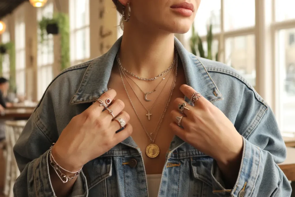 femme qui porte une veste en jean avec des colliers symboliques et romantiques