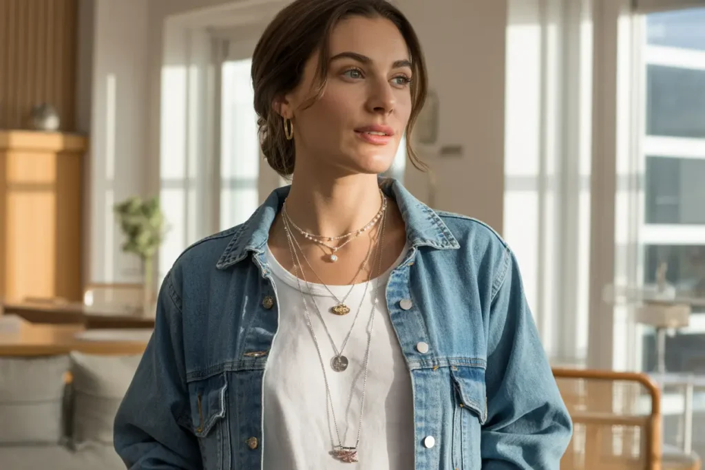 femme qui porte une veste en jean avec plusieurs colliers et créoles