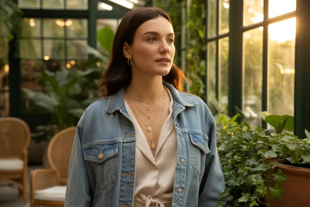 femme qui porte une veste en jean avec un collier multirangs