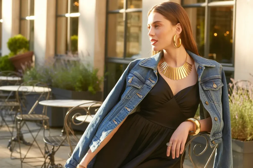 femme qui porte une veste en jean et robe noire avec un collier plastron