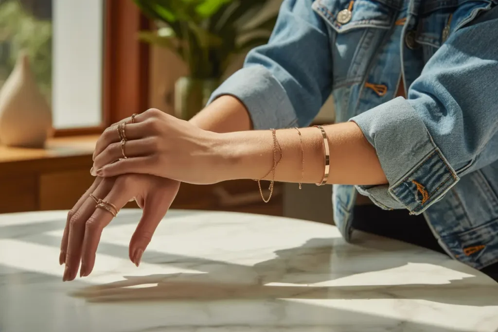 femme qui porte une veste en jean manches relevées