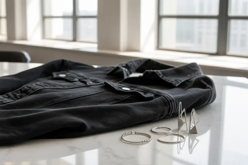 veste en jean noire et bijoux en argent