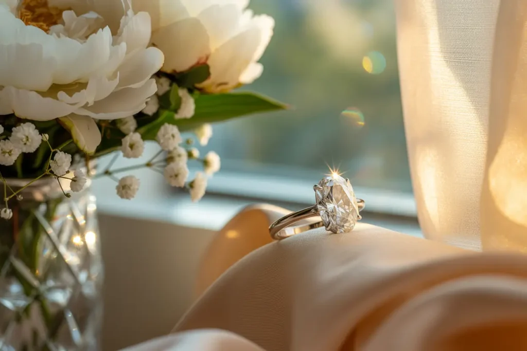 bague solitaire et fleurs