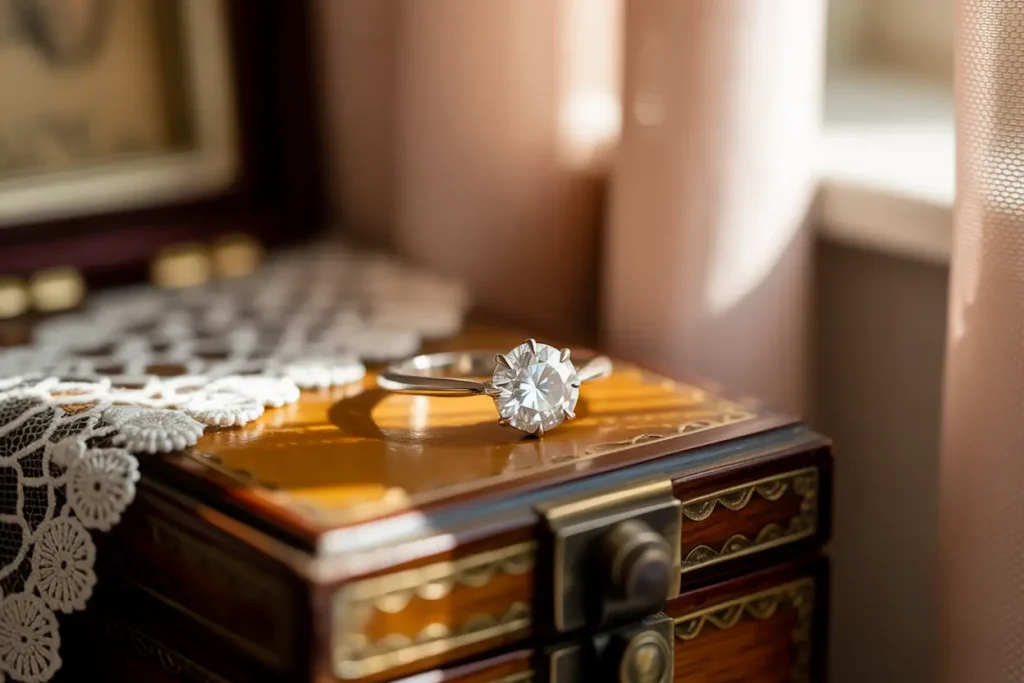 bague solitaire sur boîte à bijoux en bois