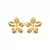 Boucles d'oreilles pendantes fleur de pervenche martelée acier inoxydable doré