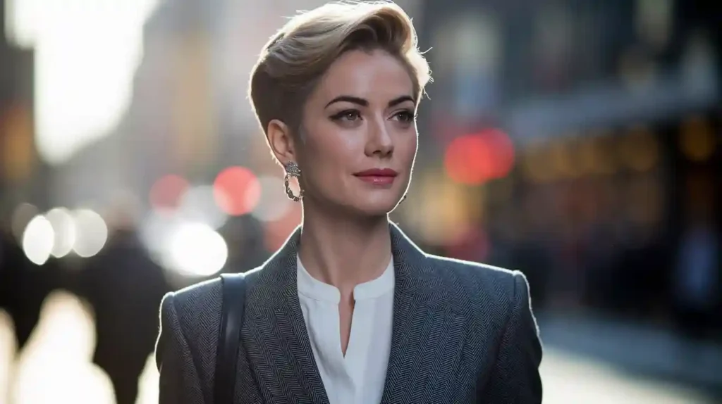 femme aux cheveux courts en tailleur qui porte des boucles d'oreilles élégantes