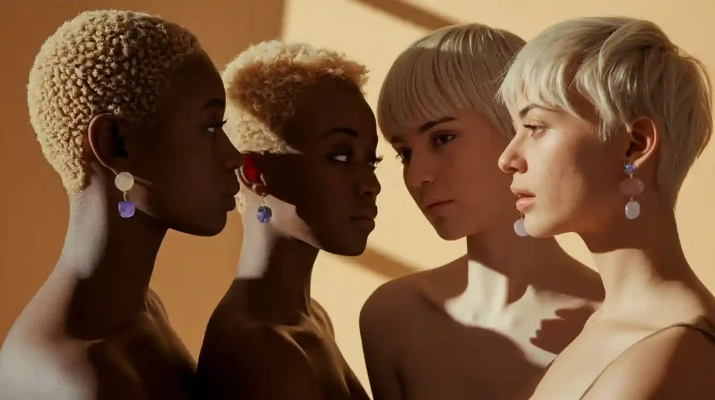 femme aux cheveux courts qui porte des boucles d'oreilles en pierres naturelles