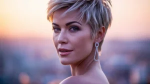 femme aux cheveux courts qui porte des boucles d'oreilles pendantes avec diamants incrustés