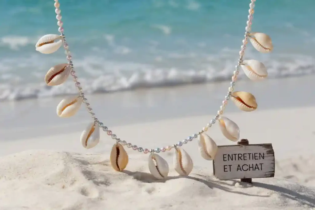 collier coquillage en gros plan sur la plage