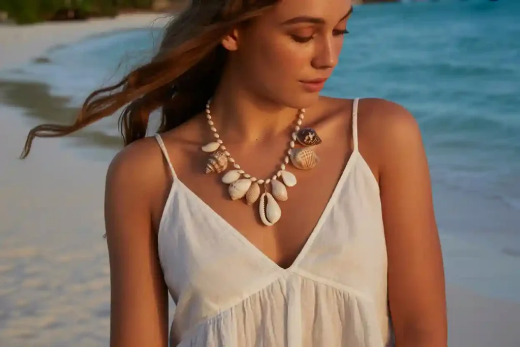 femme qui porte un collier coquillage au bord de la mer
