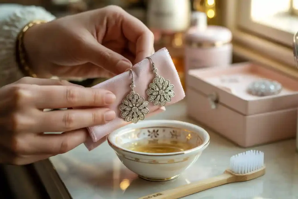 nettoyage boucles d'oreilles avec eau savonneuse désinfectante et brosse souple