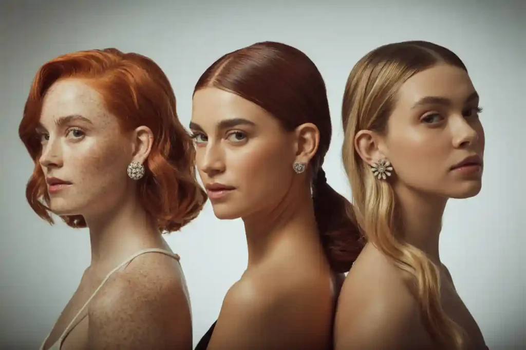 3 femmes auux visages rond, carré et coeur qui portent des clous d'oreilles