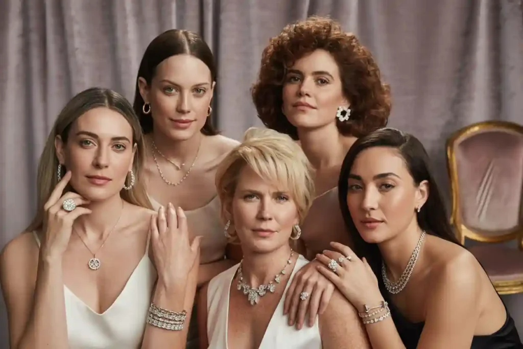 5 femmes d'âges et de styles différents qui portent des bijoux avec diamants