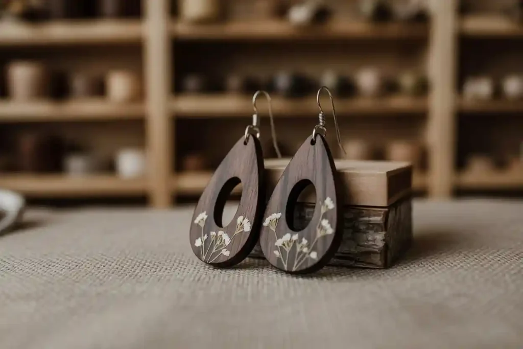 boucles d'oreilles en bois avec fleurs séchées
