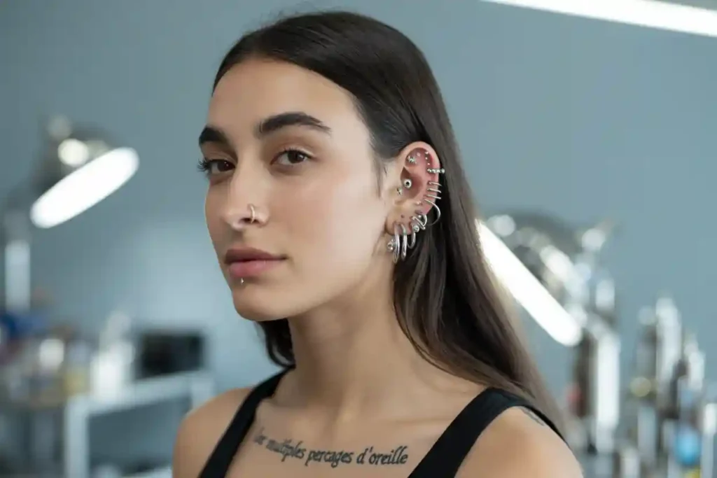 femme avec de multiples perçages d'oreilles