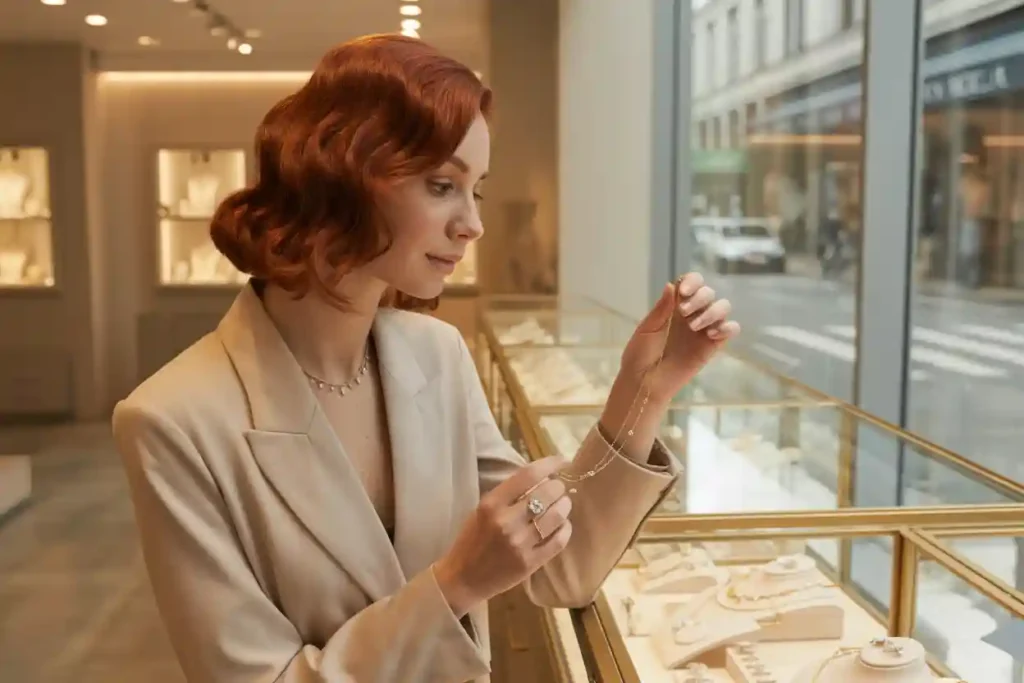 femme qui choisit un collier dans une bijouterie