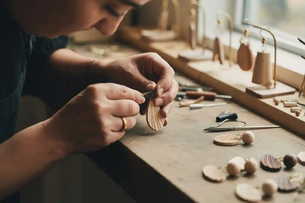 femme qui fabrique des boucles d'oreilles en bois