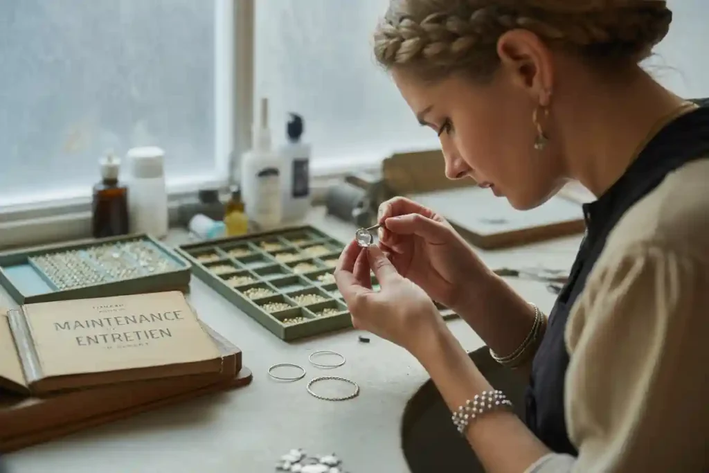 femme qui nettoie ses boucles d'oreilles cabochon