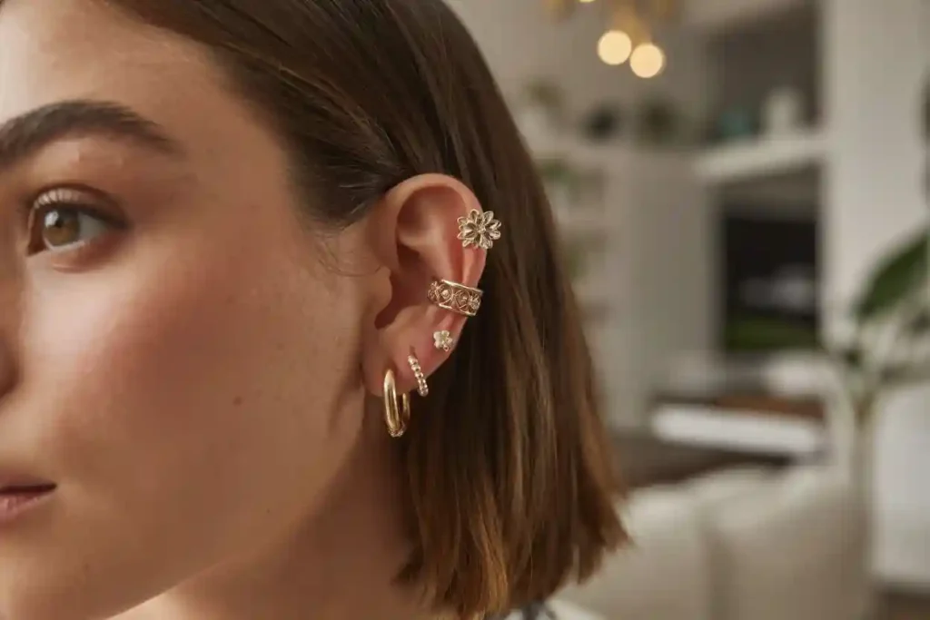 femme qui porte des boucles d'oreilles et ear cuffs dépareillés