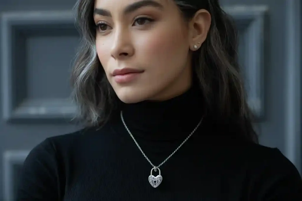 femme qui porte un collier cadenas en forme de coeur