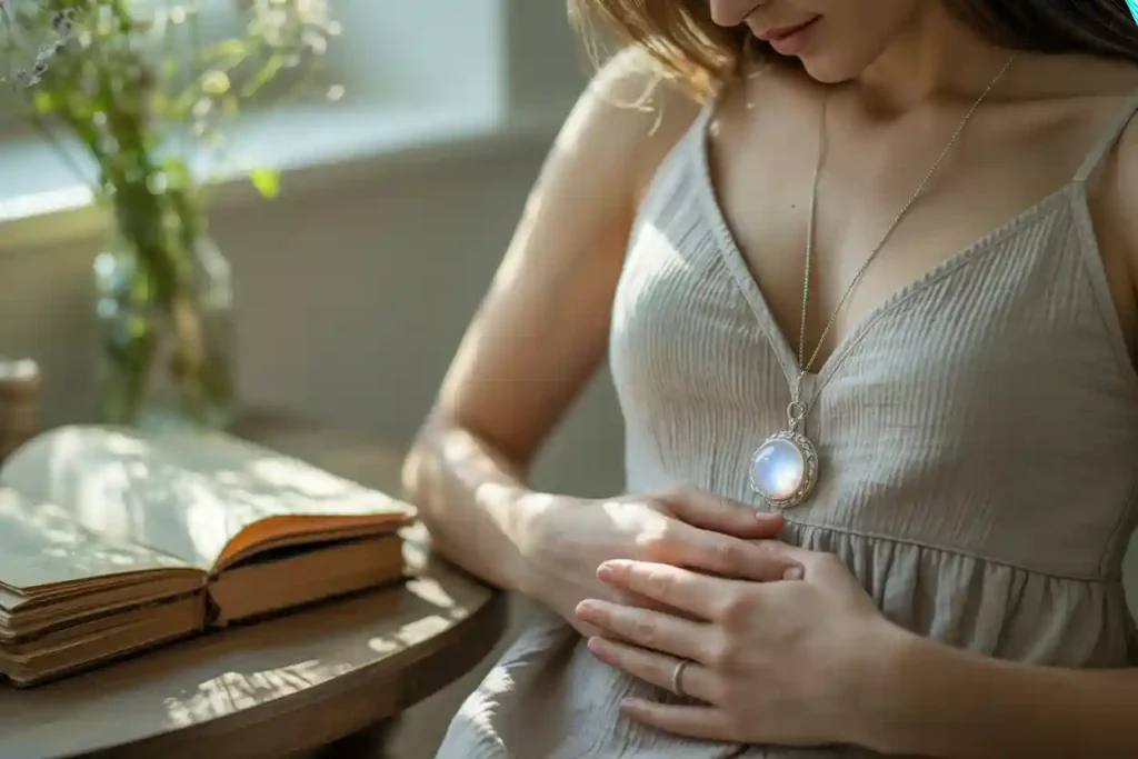 femme qui porte un pendentif pierre de lune