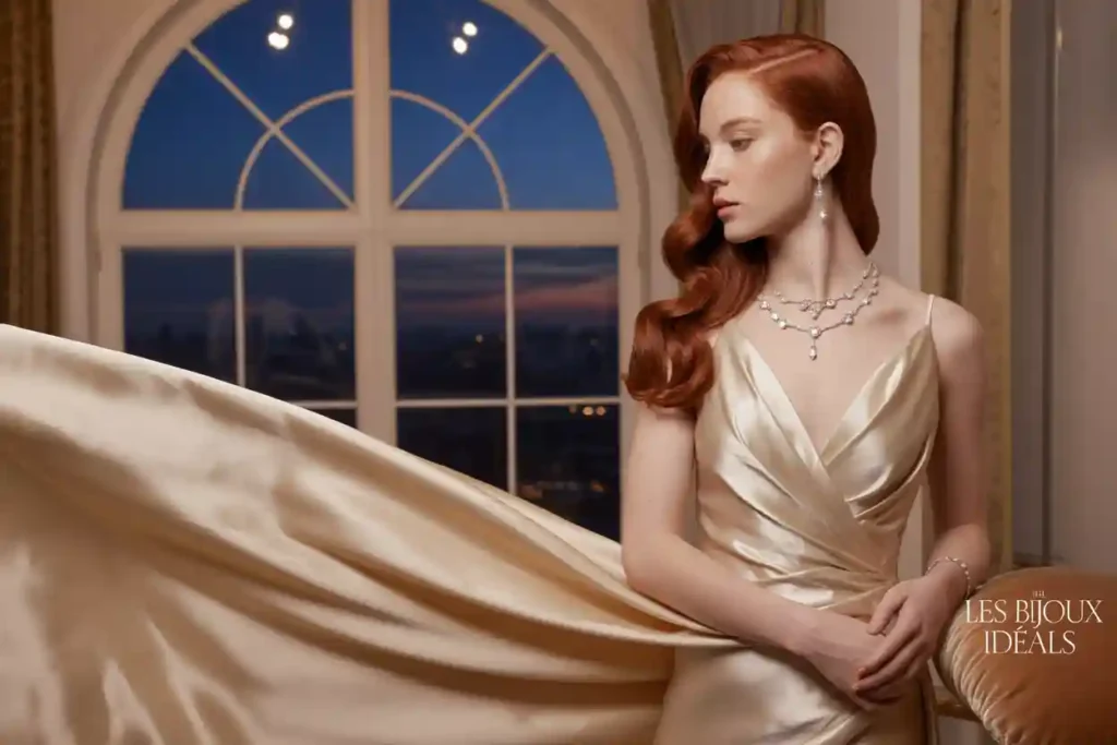 femme qui porte une robe e satin chic beige et un nsuperbe collier multirang