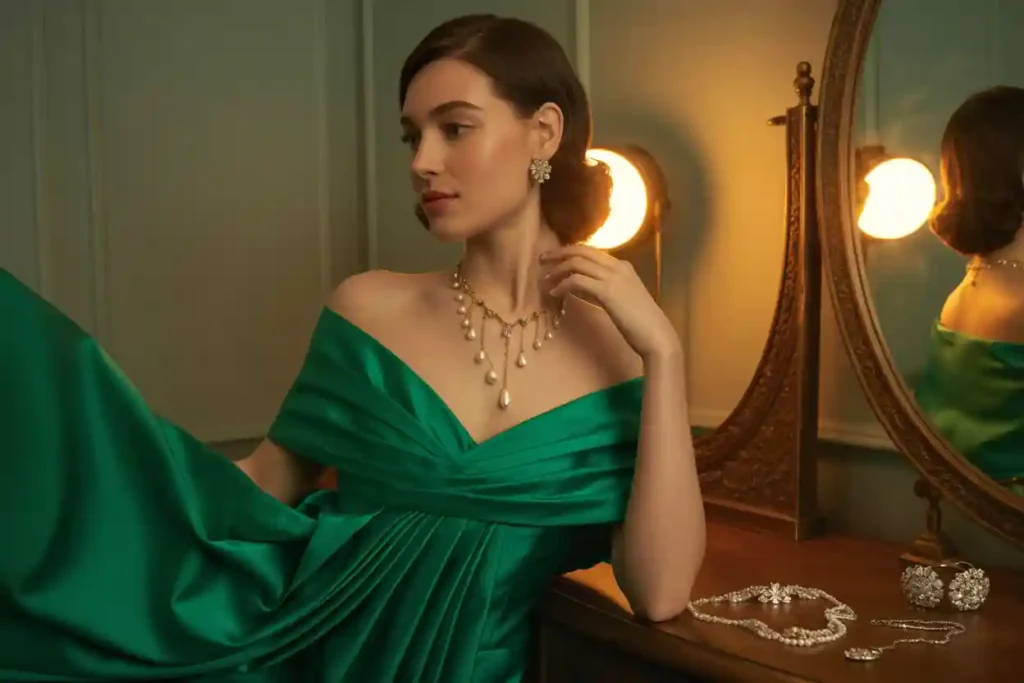 femme qui porte une robe e satin verte très travaillée et un collier de perles de culture en forme de gouttes