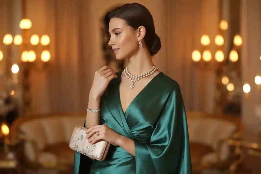 femme qui porte une robe en satin verte façonn kimono - sac à main - collier luxe
