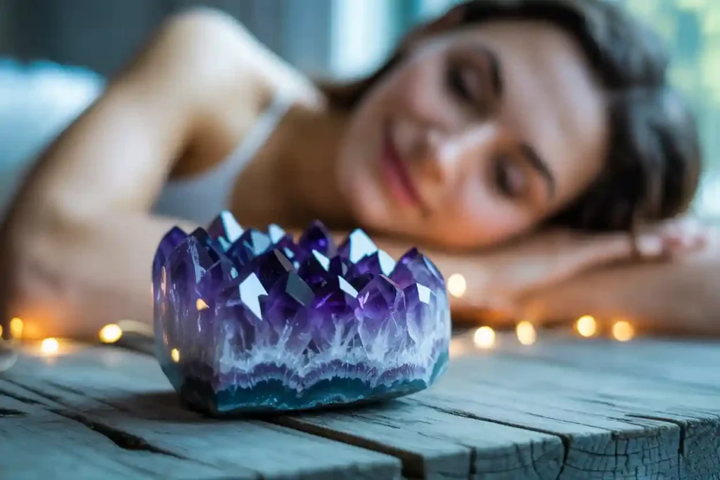 femme qui s'eedort avec une améthyste près d'elle