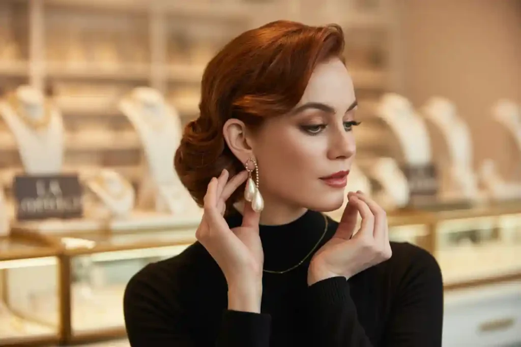 femme qui porte des boucles d'orelles pendantes avec grosses perles gouttes